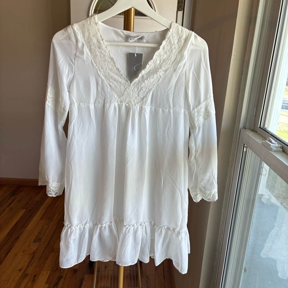 White Lace-Trim V-Neck Mini Dress - Picture 1 of 4
